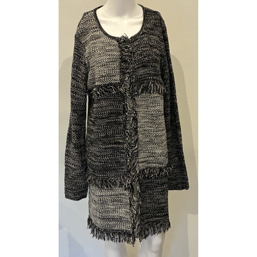 Blocked Patchwork Womens Cardigan Fringe Size L Black White Boho Cozy Office‎
